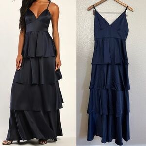 NWOT Going with Elegance Navy Blue Satin Tiered Maxi Dress